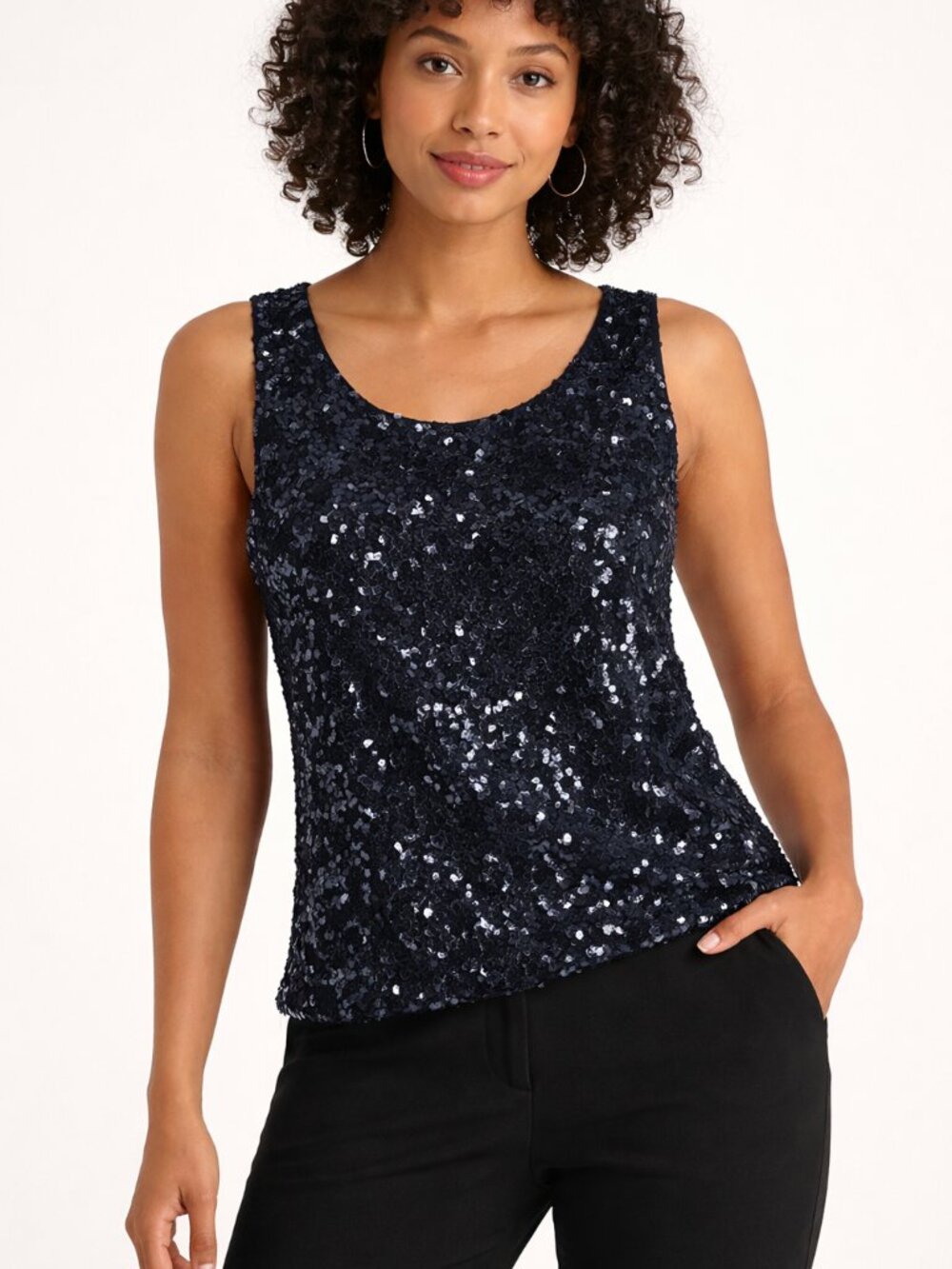 Papell Boutique Black Sequin Silk Top Y2K Evening Party Sleeveless Blouse Large